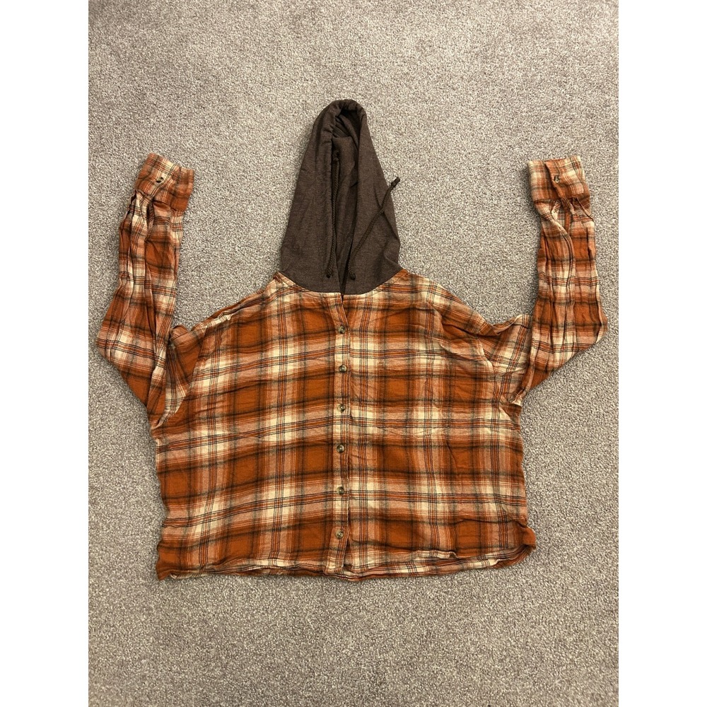 SO Hooded Flannel Shirt Womens Medium Orange Plaid Excellent Cropped Button Up